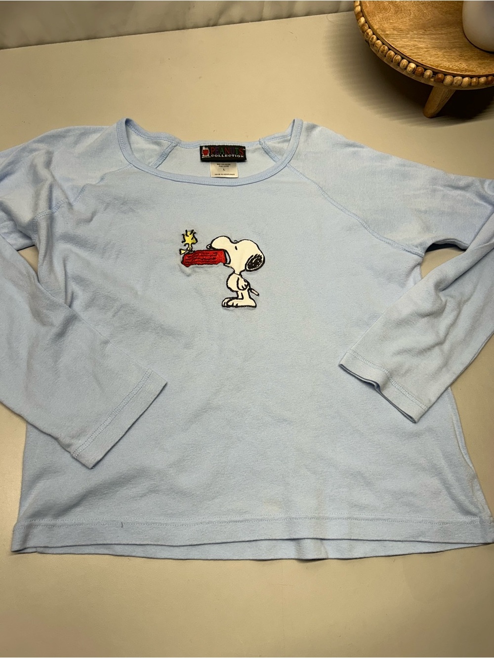 Peanuts Light Blue Long Sleeve Tee with Snoopy Embroidery